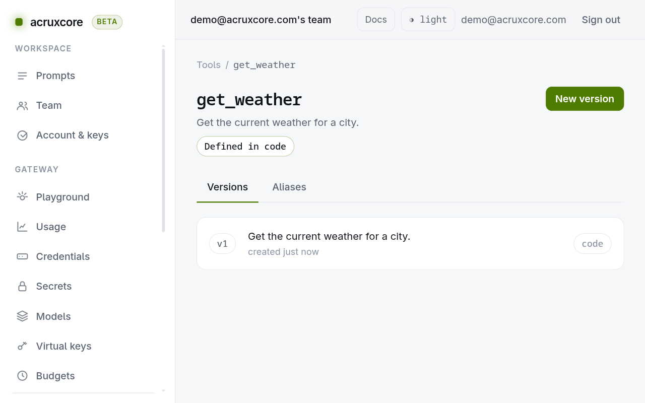 The get_weather tool after a sync, showing the Defined in code badge