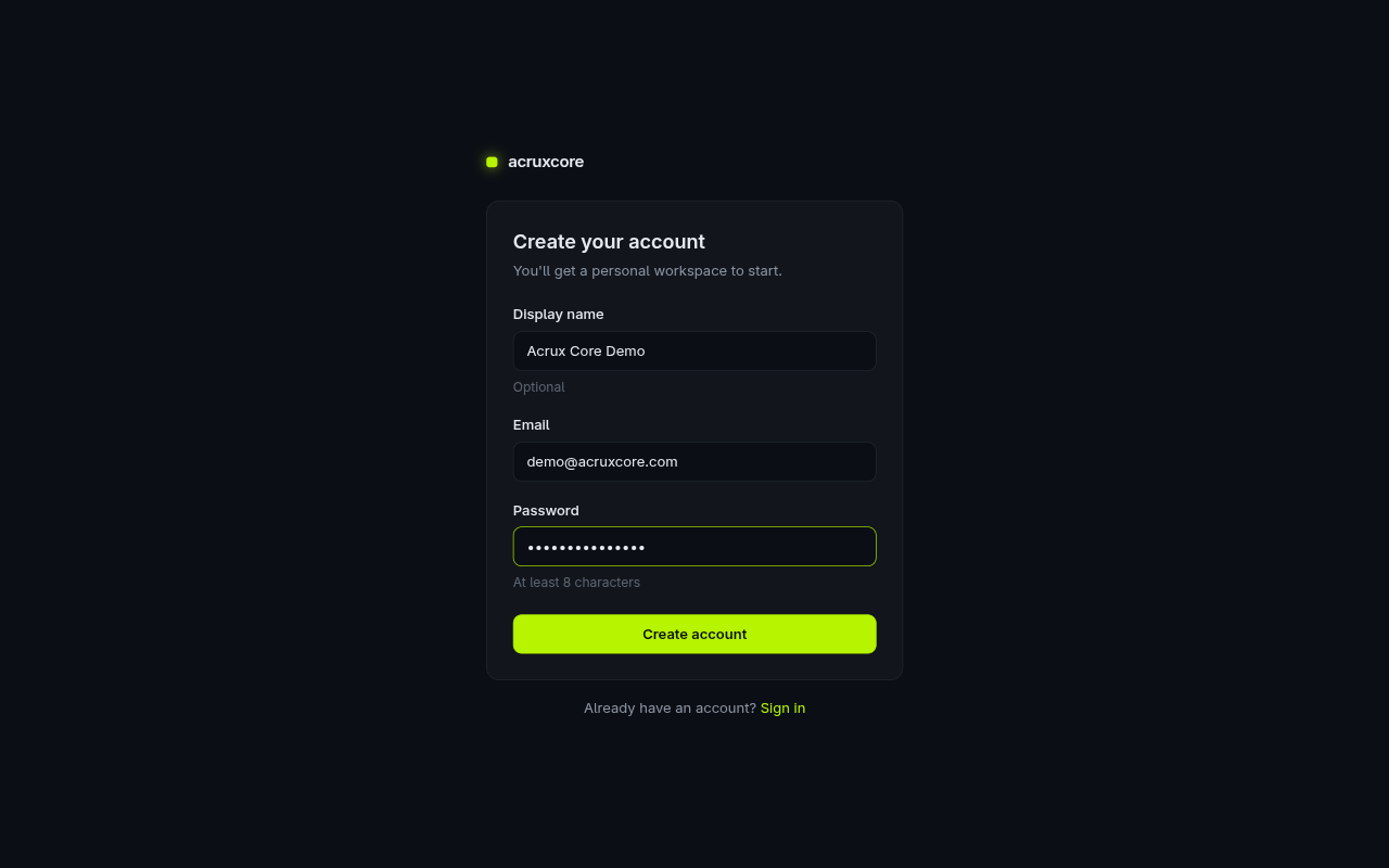 Acrux Core sign-up screen