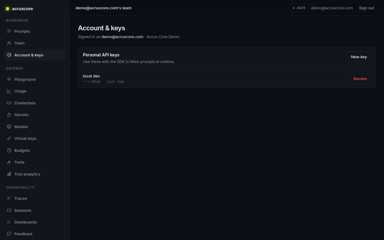 Account & keys page with a personal API key