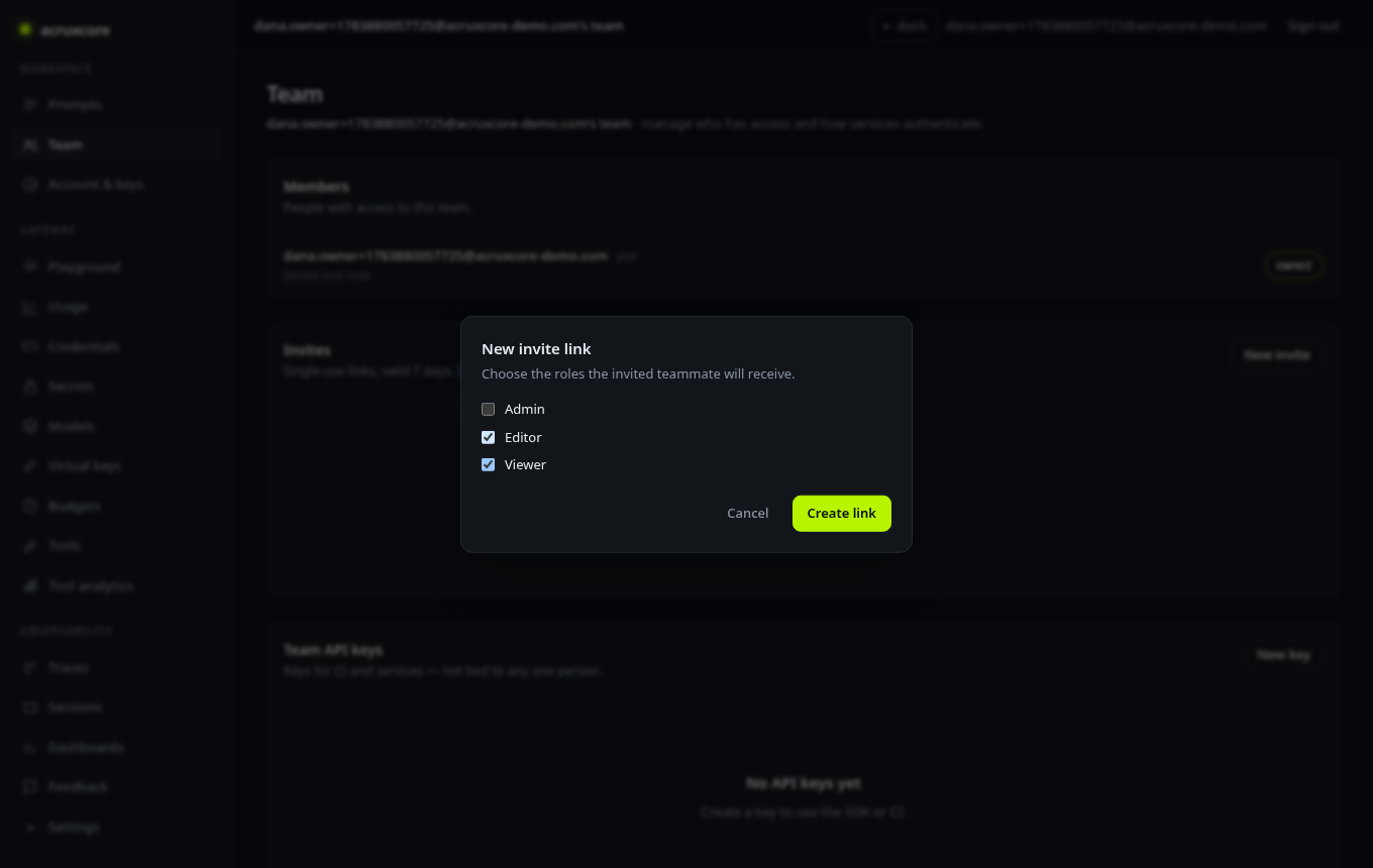 New invite dialog with role checkboxes for admin, editor, and viewer