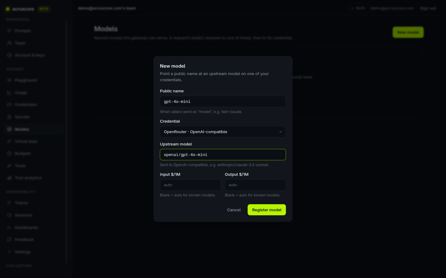 New model dialog with public name gpt-4o-mini, credential OpenRouter, and upstream model openai/gpt-4o-mini