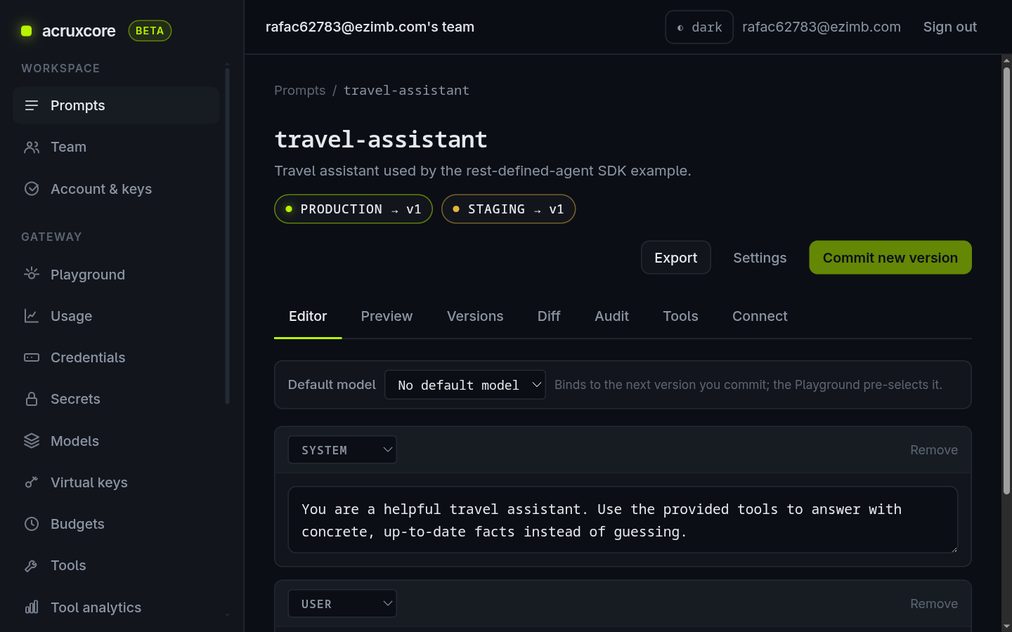 The travel-assistant prompt detail page, Editor tab, showing a system message and a user message with city, amount, from and to placeholders, with production and staging both on v1