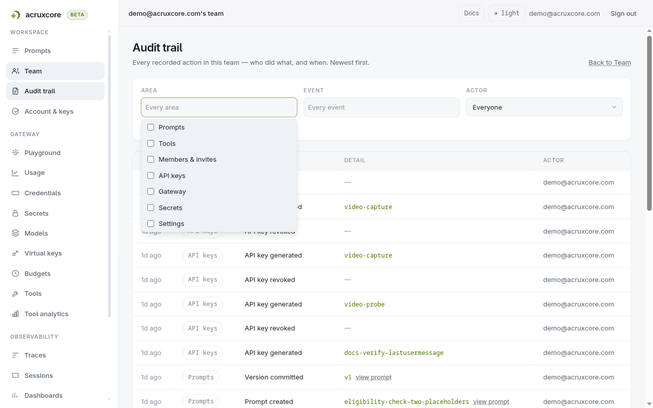 The Area filter open, listing seven checkboxes: Prompts, Tools, Members and invites, API keys, Gateway, Secrets and Settings