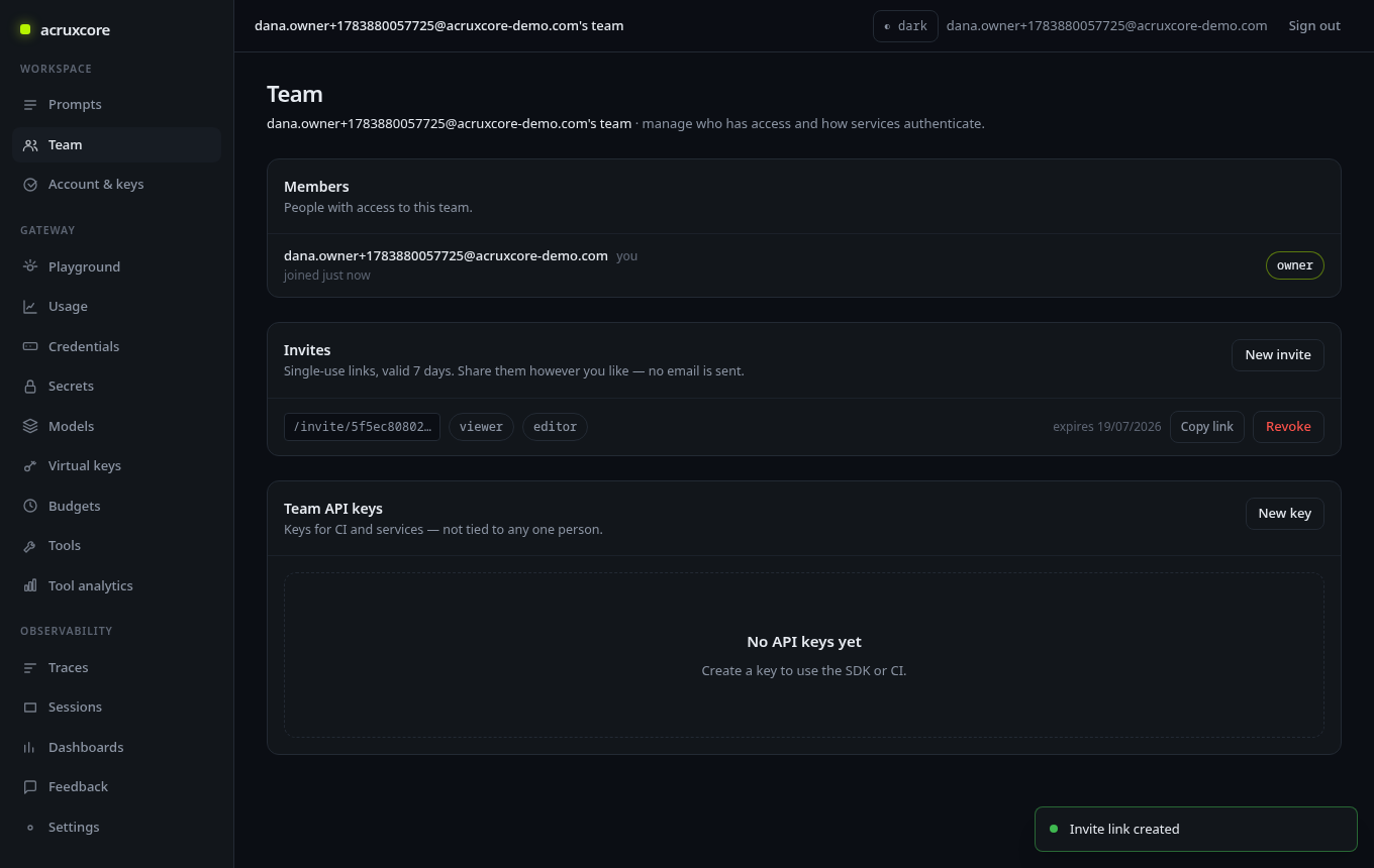Invites panel showing the newly created invite link, valid 7 days