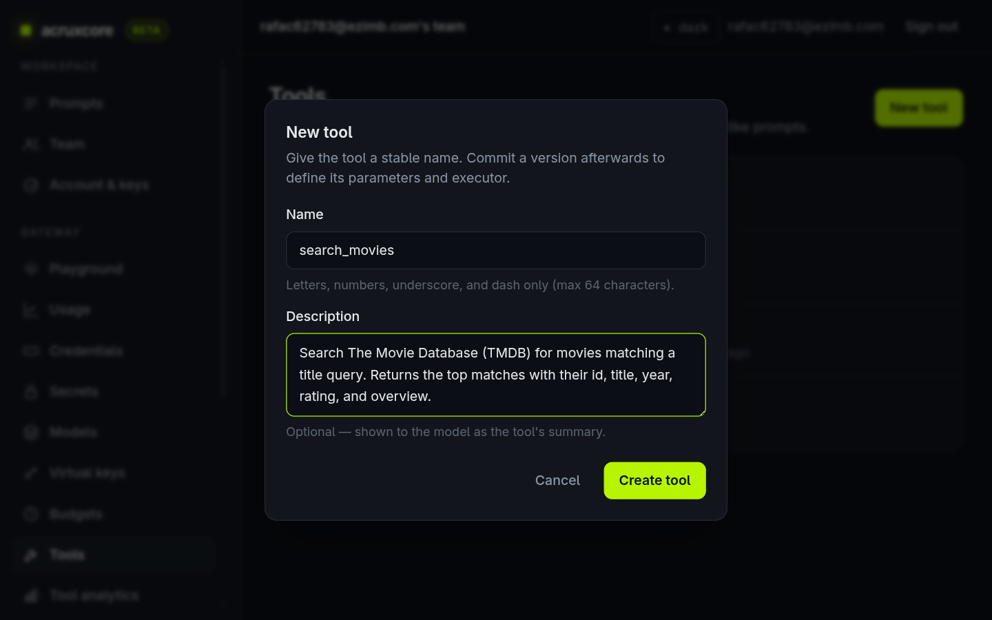 New tool dialog with the name search_movies and a description
