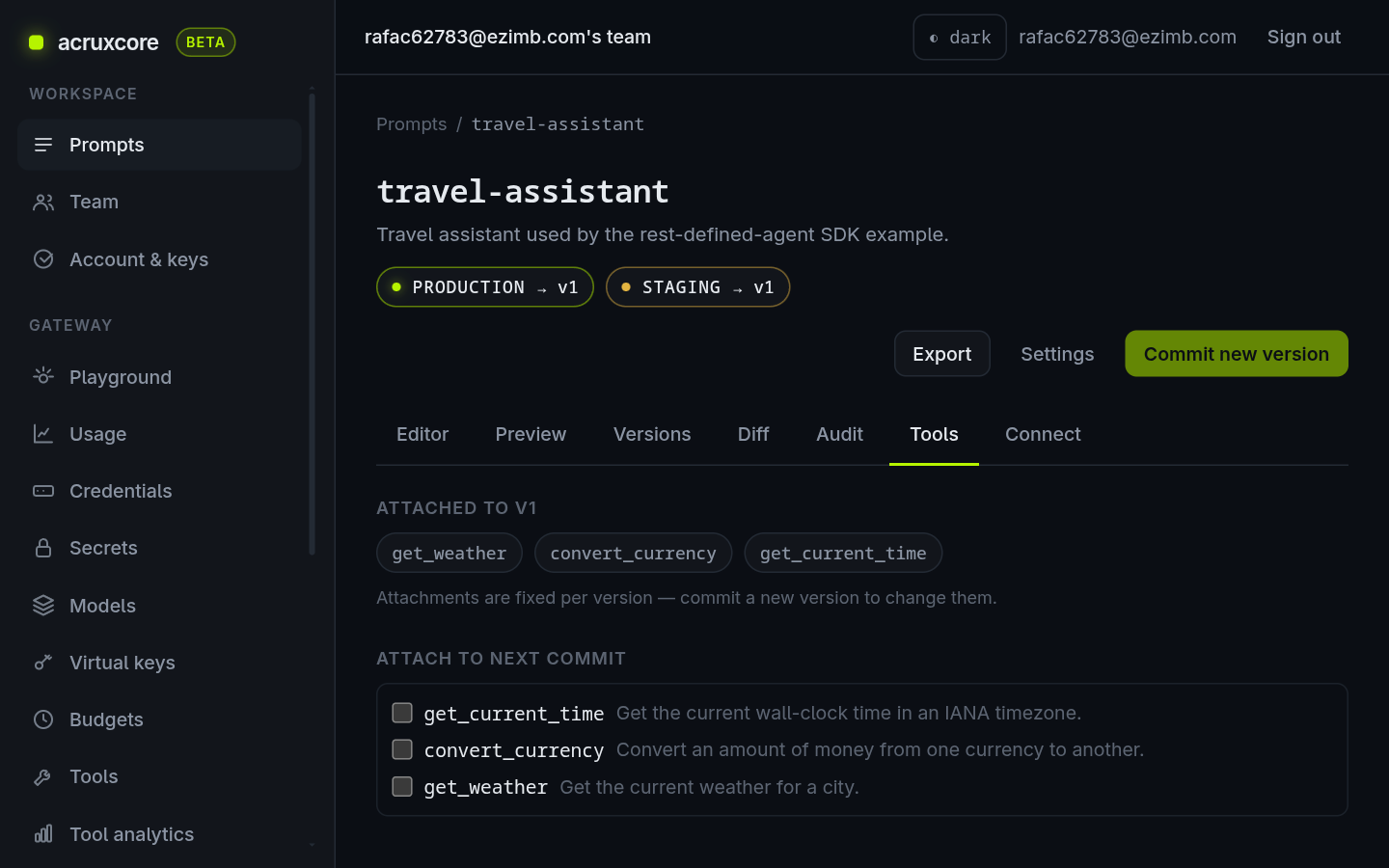 The prompt Tools tab listing get_weather, convert_currency and get_current_time under an Attached to v1 heading