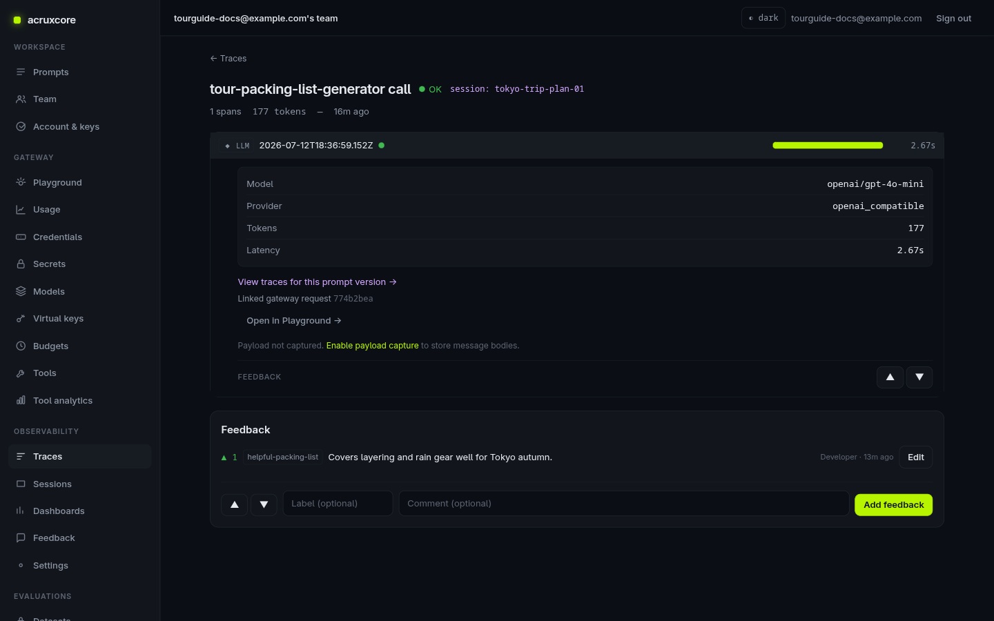 Trace detail page with the LLM span expanded, showing model, provider, tokens, and latency