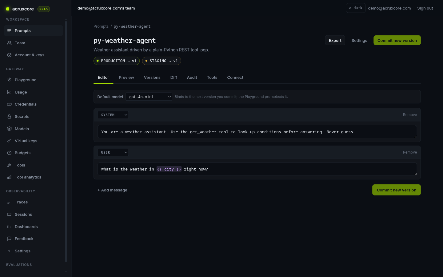 The py-weather-agent prompt Editor tab showing default model gpt-4o-mini, a system and user message, and production pointing at v1