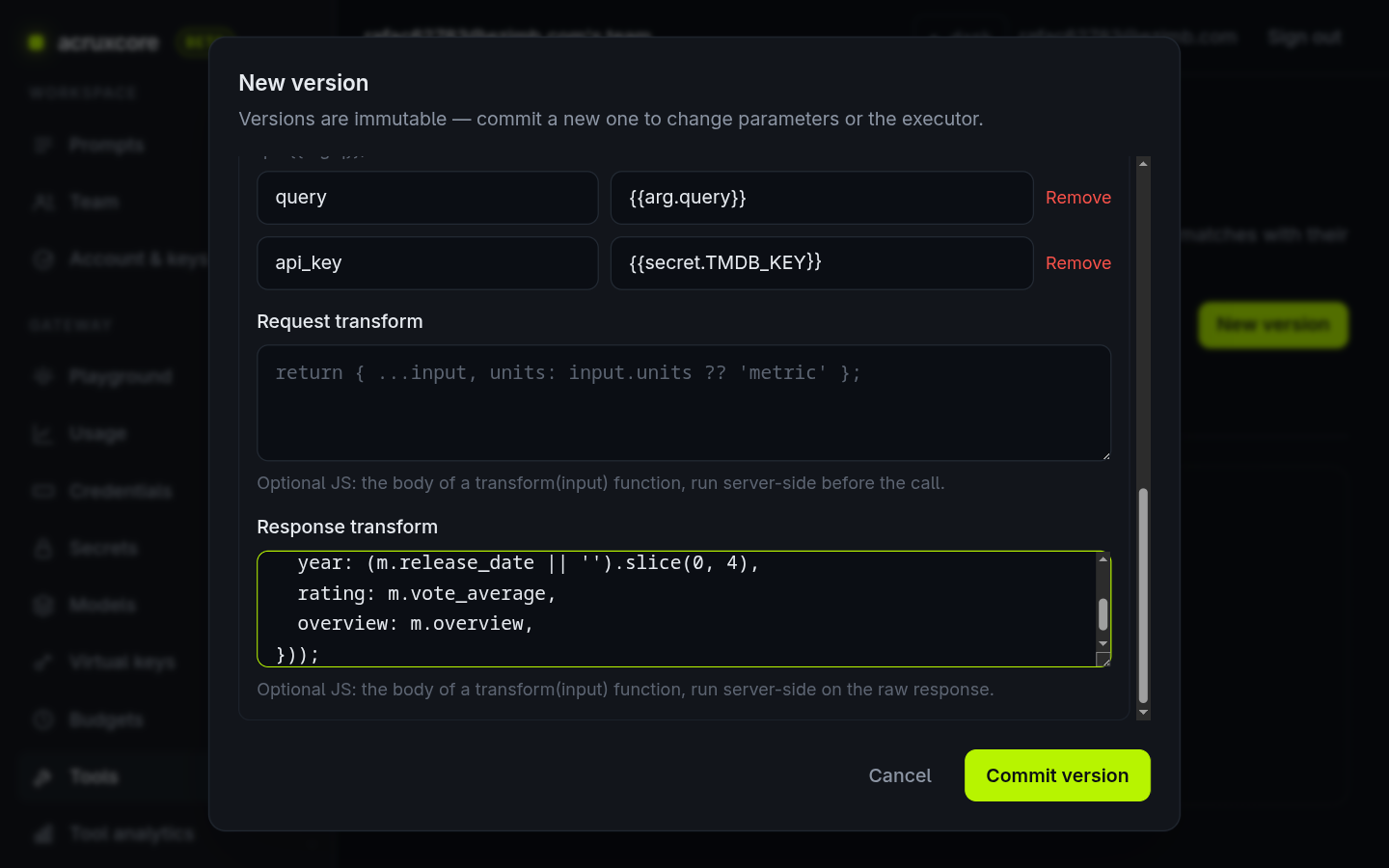 HTTP executor form showing the query and api_key query params and a response transform