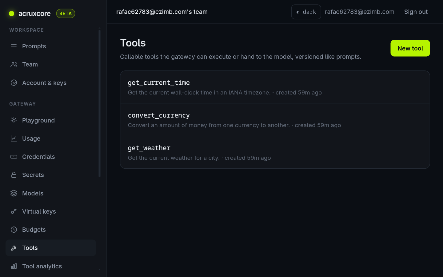 The Tool Catalog list showing get_current_time, convert_currency and get_weather, each with its description