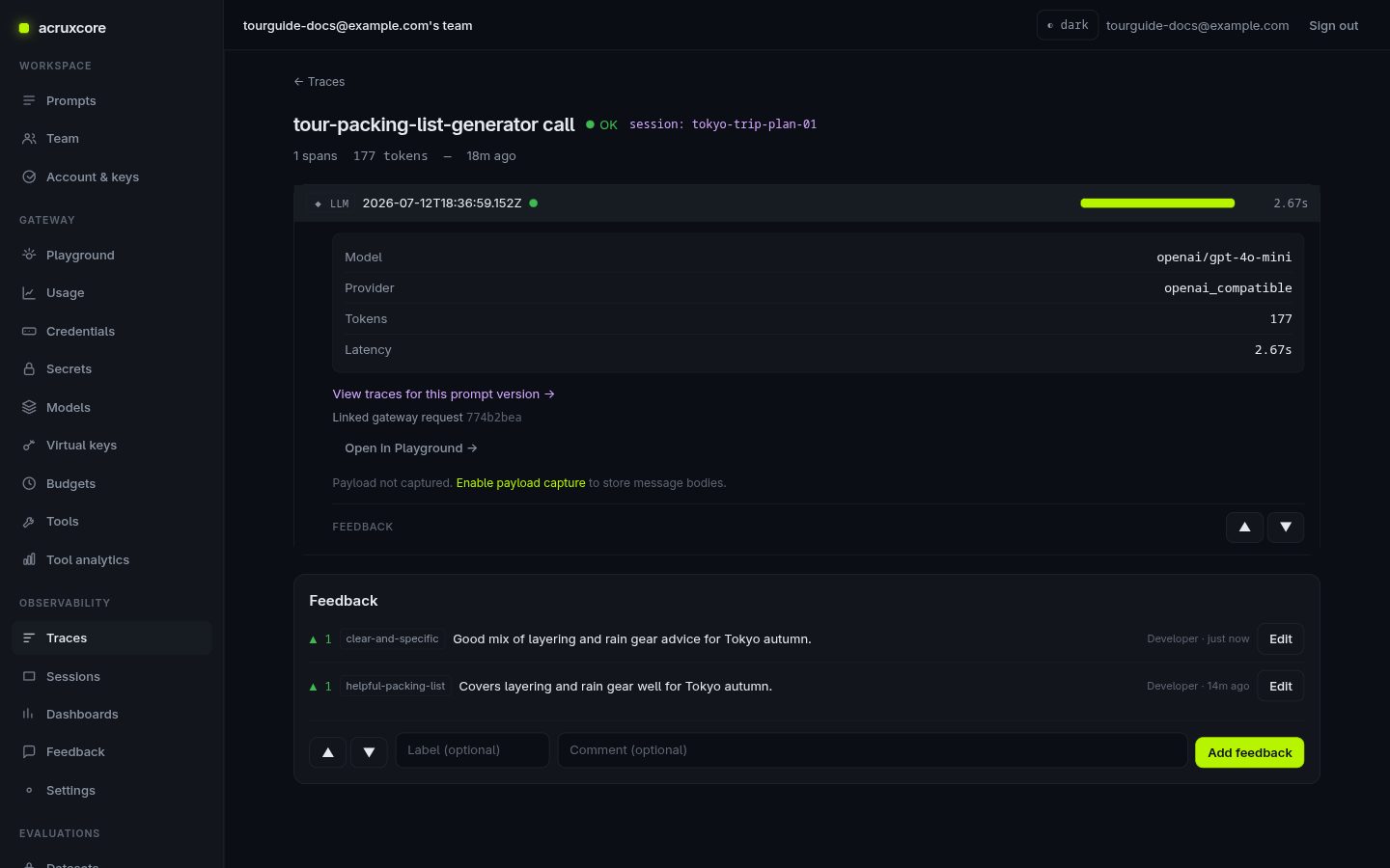 Saved feedback entry above the span panel's "View traces for this prompt version" link