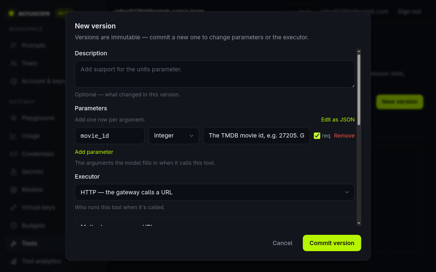 New version form showing the movie_id integer parameter and the HTTP executor selected