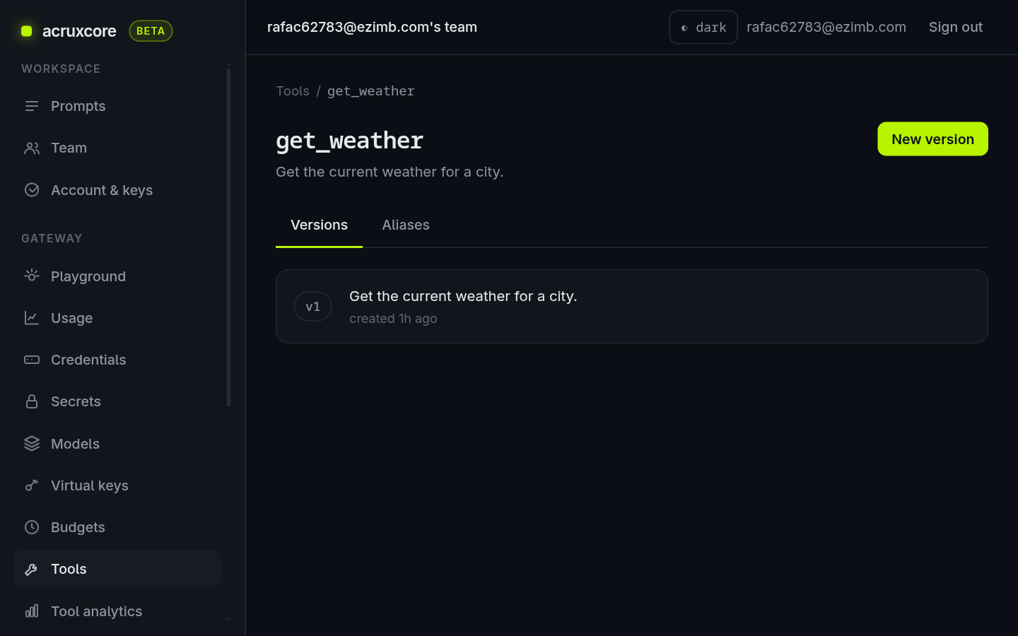 The get_weather tool detail page showing a single version v1 under the Versions tab