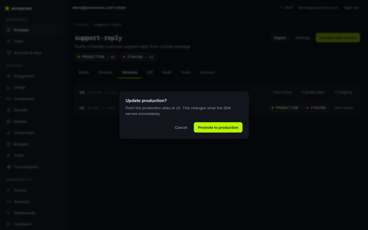 Promote-to-production confirmation dialog