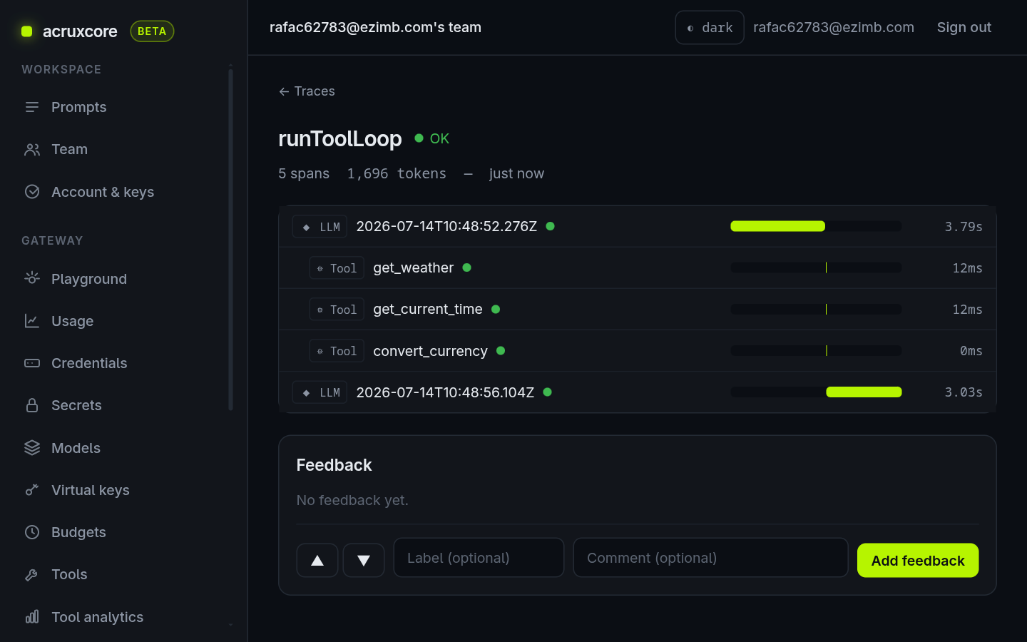 A trace named runToolLoop with five spans: an LLM span, then get_weather, get_current_time and convert_currency tool spans, then a final LLM span, all marked OK