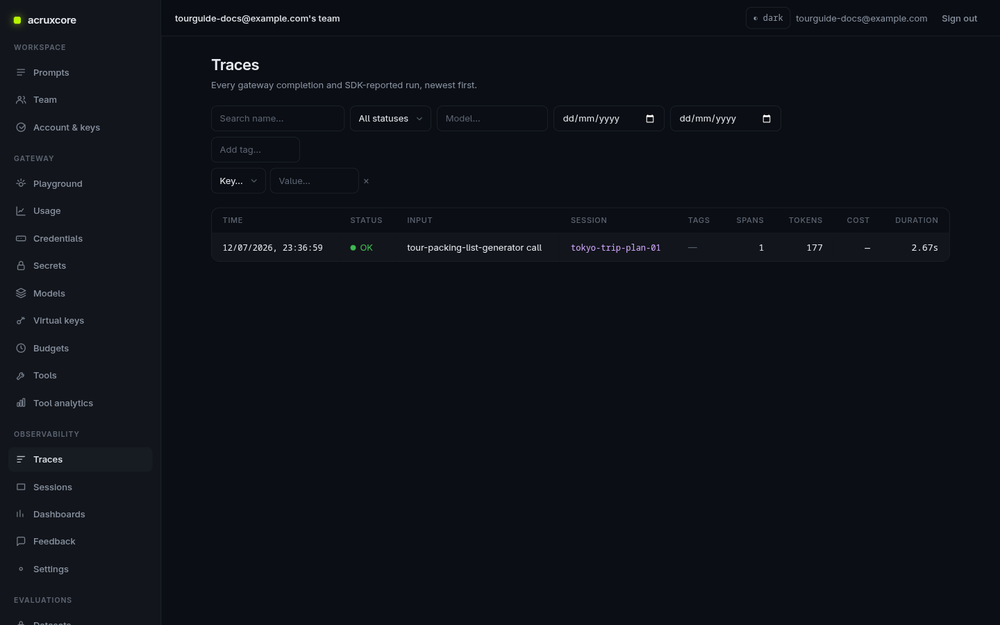 Traces list filtered to a single prompt version, showing only the matching call