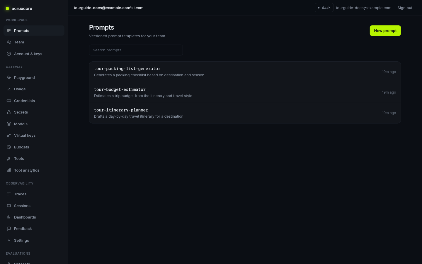 Prompts list showing tour-itinerary-planner, tour-budget-estimator, and tour-packing-list-generator