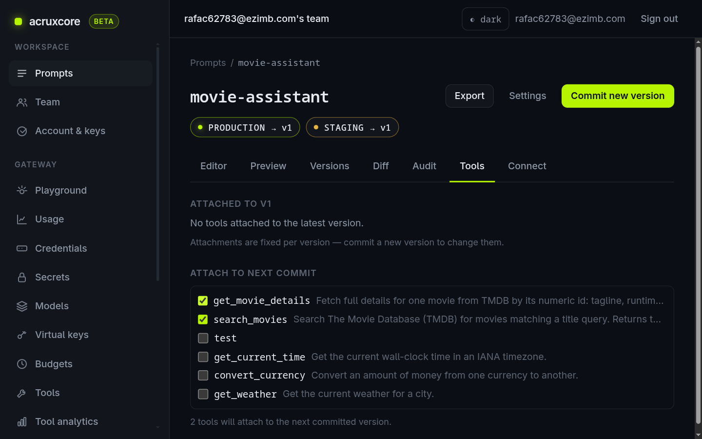 The prompt's Tools tab with search_movies and get_movie_details ticked to attach on the next commit